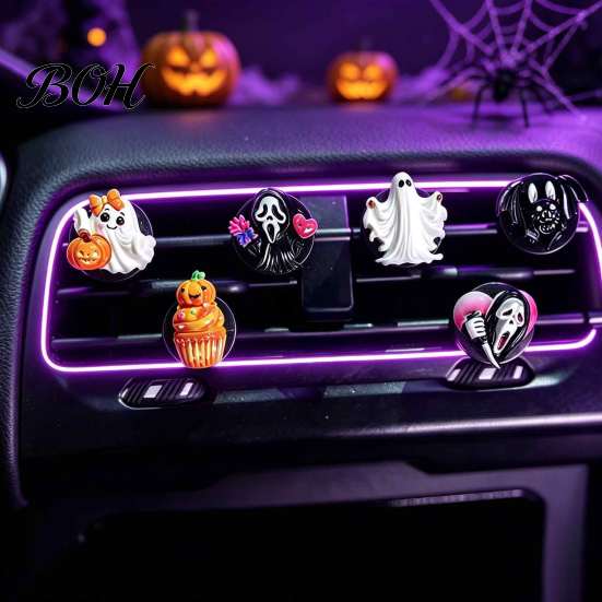 Seasonal Car Vent Ornaments 6 Pcs Halloween Air Clips, Cute Pumpkin Ghost Grim Reaper Bat Festive Accessories for Freshener Charm, Automotive