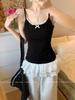 Women's White Bow Spaghetti Strap Ballet Tank Top with Lace Ruffle Hem