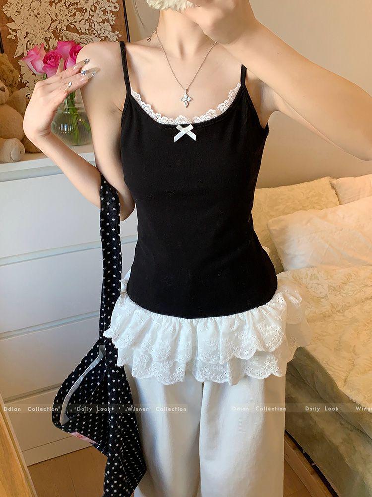 Women's White Bow Spaghetti Strap Ballet Tank Top with Lace Ruffle Hem