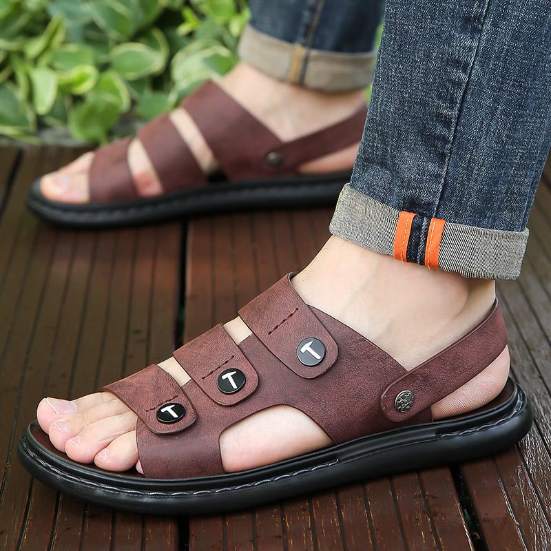 Men's Leather Sandals Breathable Soft Comfortable Slippers Summer Casual Shoes Slip-On Lightweight Flats Beach Walking Sandals
