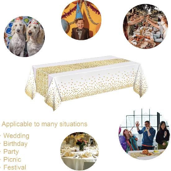 MOLFUJ 54" X 108" White and Gold Plastic Tablecloth for Party, 2 Pack Disposable White Table Cloths for 8ft Rectangular Table, Birthday, Wedding
