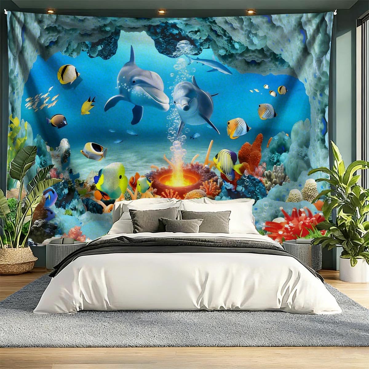 Blauwe Haai Oceaan Tapijt Zwerm Haaien in Grot Onderwater Diepe Afgrond Met Blauw Zonlicht Landschap Wandkleed Voor Slaapkamer 300x180CM