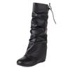 Fashion Autumn Winter Women Mid Calf Boots Casual Slip on Lace up Long Boots Flats Fashion Pleated Round Toe Black Elegant Botas Female