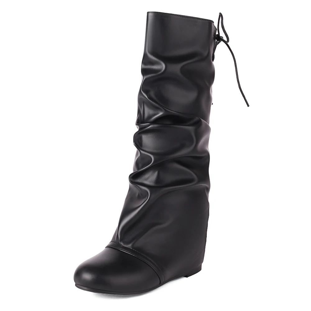 Fashion Autumn Winter Women Mid Calf Boots Casual Slip on Lace up Long Boots Flats Fashion Pleated Round Toe Black Elegant Botas Female