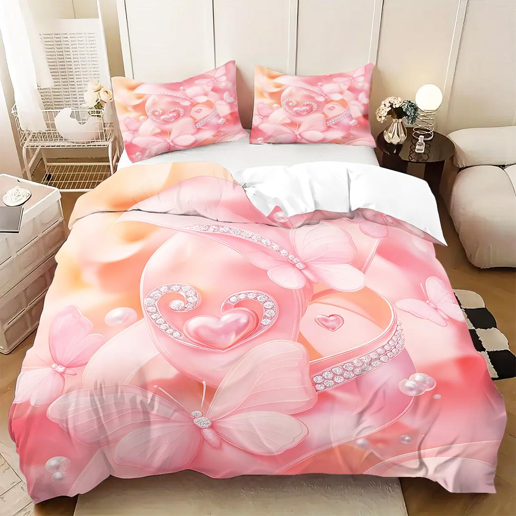 3pcs Pink Floral Butterfly Pattern Duvet Cover Set, 1 Duvet Cover+2 Pillowcases, Coreless. Soft and Comfortable Bedding Set