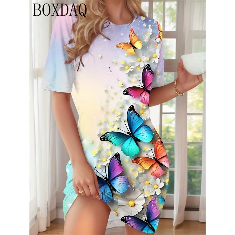 Summer New Women's Butterfly Print Round Neck Short Sleeved Loose A-line Comfortable Home Dress
