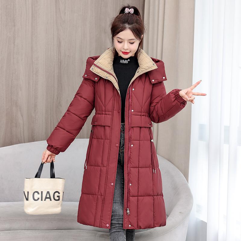 2025 winter new waist medium and long knee cotton-padded clothes fashion thin cotton clothes hooded jacket tide