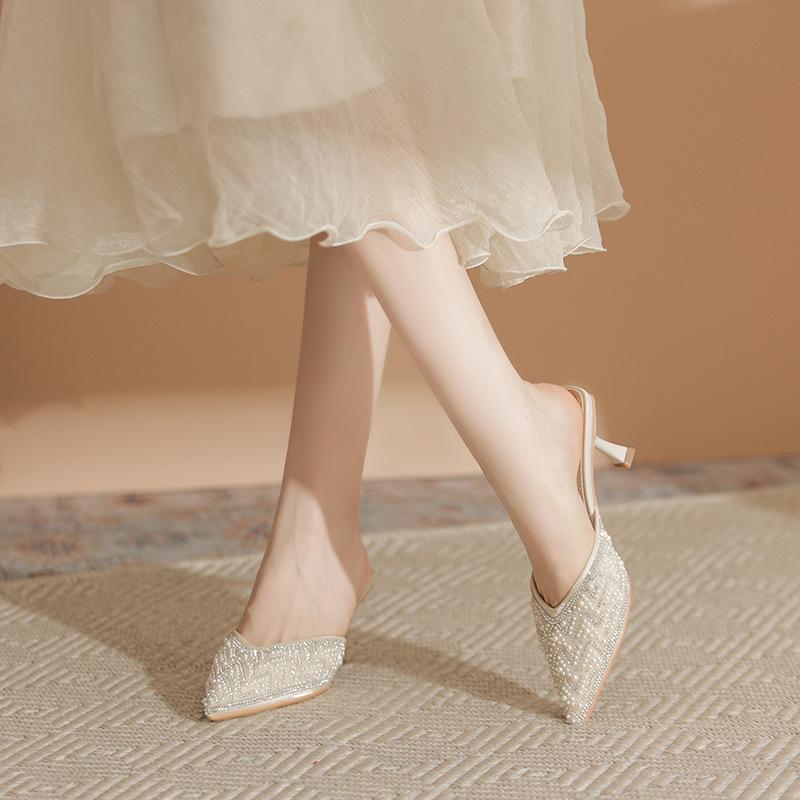 Fashion Internet celebrity pearl rhinestone toe cap half slipper women's summer slim heel sandals pointed high heels