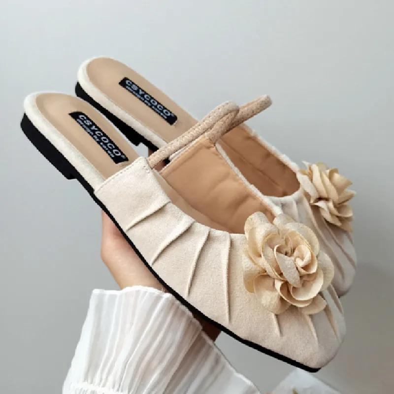 Fashion Fashion Pleated Flower Flat Sandals Women Summer Comfort Soft Soled Faux Suede Designer Shoes Concise Non Slip Beach Casual Shoe