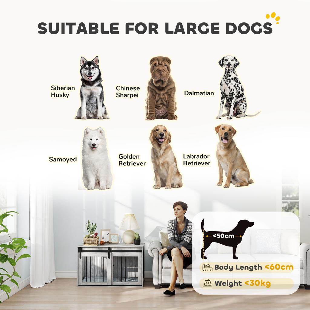 98cm Dog Crate Furniture With Removable Cushion For Large Dogs Grey