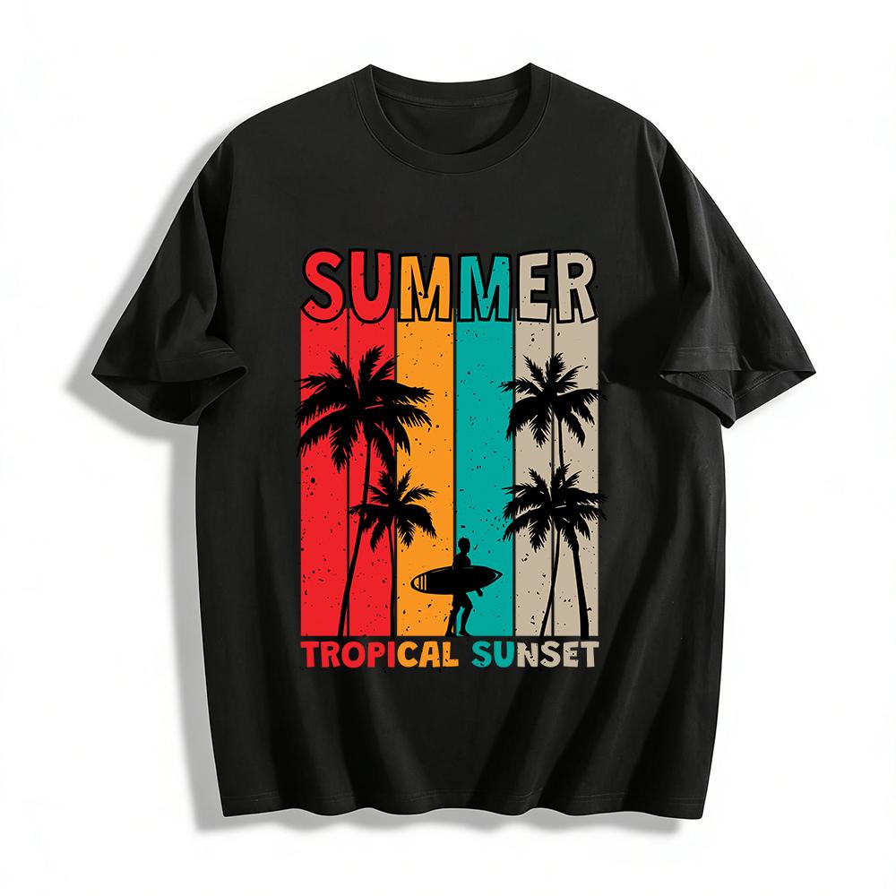 Summer Tropical Sunset Surf Coconut Tree Print Casual Tee Pure cotton T-shirt XXS