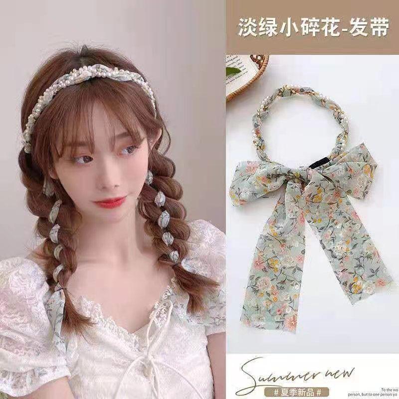 

Модные летние цветочные ленты для волос, повязки на голову для женщин, французские стразы, жемчуг, плетение, длинная кисточка, резинки для волос, головные уборы
