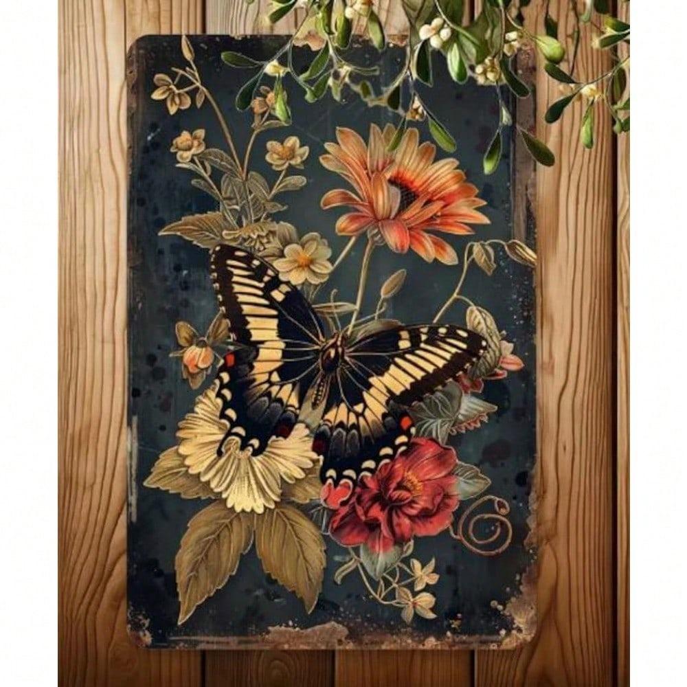 Vintage Botanical Butterfly Metal Wall Art 8x12 Inch Floral Scroll Panel