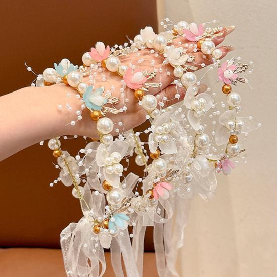 Fairy Girl Headband Bright Color Imitation Pearls Flower Decor Princess Hair Hoop Party Crown Hair