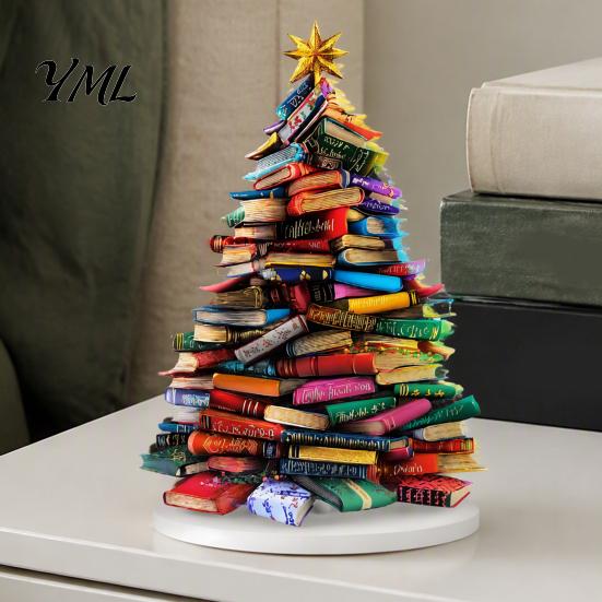 Book Lover Christmas Gifts Stacked Tree Ornament, 2D Flat Stacking Holiday Hanging Decoration, Desktop Display Reading Theme Acrylic Pendant,