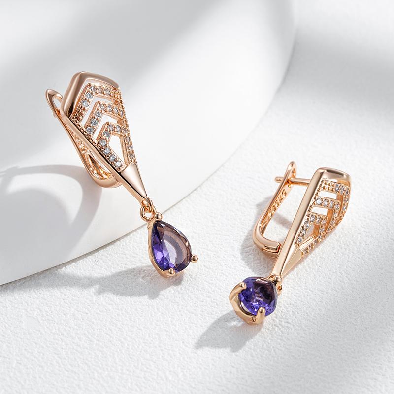 Shiny Purple Natural Zircon Drop Earrings For Women Trend  Rose Gold Color Bride Wedding Fine Jewelry Crystal Gift