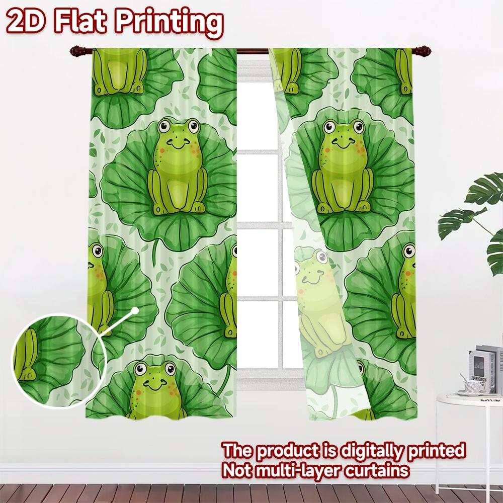 2D FLAT PRINTING 2pcs Curtains (Without Rod) Cute Frogs on Lilypads Chic Window Curtain Versatile 100% Polyester Curtains Easter