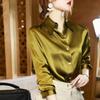 Imitation Silk Long Sleeve Shirt for Women's Spring Autumn Satin Blouse Office Lapel Button Up Shirt White Black