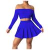 Women Long Sleeve Set Solid Color Casual Outfit Strapless Pleated Skirt Suit