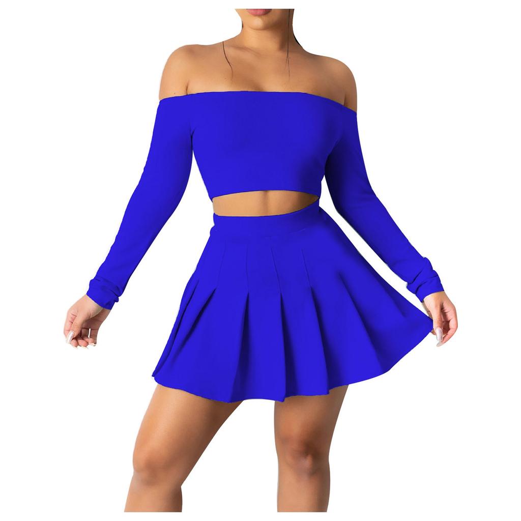 Women Long Sleeve Set Solid Color Casual Outfit Strapless Pleated Skirt Suit