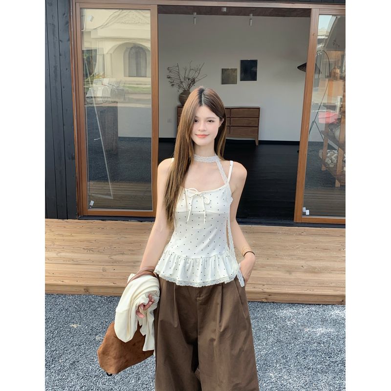 Kumikumi Gentle Pure Color Knitting Cardigan Outwear Female Fall Bows Polka Dot Brace Vest Two-Piece Set