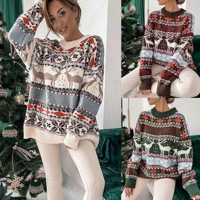 Moda feminina gola redonda estampa solta manga comprida outono e inverno suéter