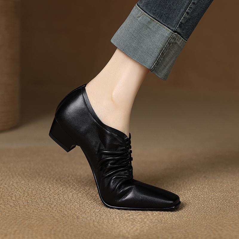 Fashion 2025 New Fashion Square Toe Thick Med Heels Women Pumps Spring Summer Office Lady Party Genuine Leather Shoes Woman Size 34-40
