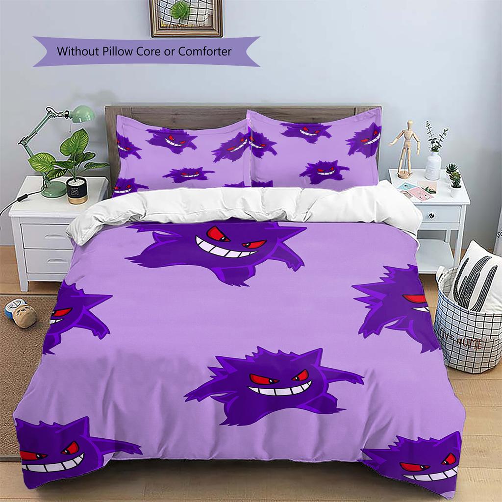 Pościel z wzorem Gengar Pokémon Dekoracja domu Prezent urodzinowy (1 * poszwa na kołdrę + 2 * poszewki na poduszki, bez rdzenia)