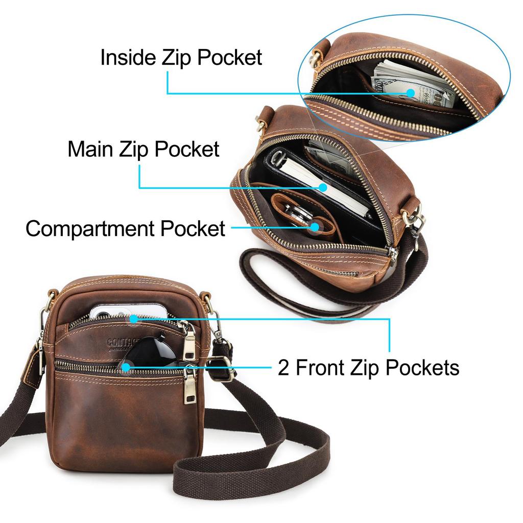 CONTACT'S Genuine Leather Belt  Waist Bag Small Money Phone Waist Pack Crazy Horse Leather Mini Bag