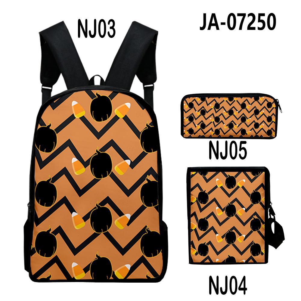 Nouveauté Halloween Classique Impression 3D Set de 3 pièces Sacs d'école à pupille Sac à dos pour ordinateur portable Sac à dos Sac à bandoulière incliné Trousse