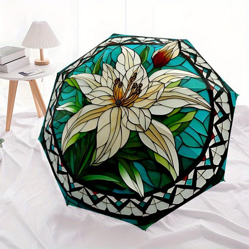 1pc Floral StainedGlass Automatic Open/Close Umbrella with Windproof, Functional Design, 8-Rib Sturdy Canopy