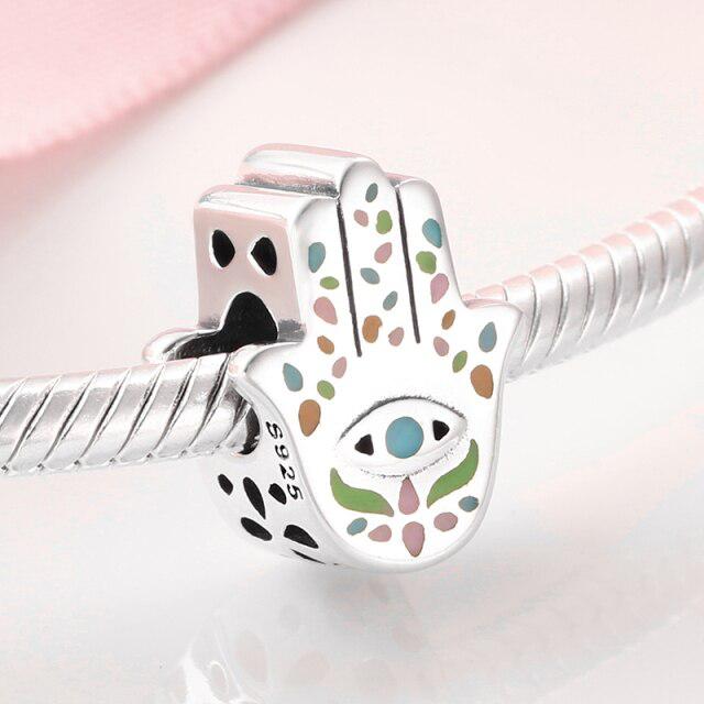 100 %Real 925 Silver Blue Enamel Charm Fatima Hand Beads Diy Jewelry Fit Original Jiuhao Charms Bracelets Fashion