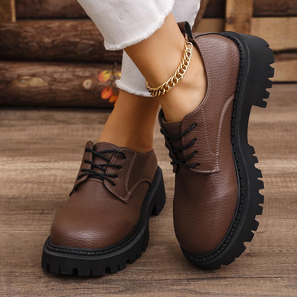 New British style thick heel small leather shoes spring platform sole lace-up casual thin single shoes