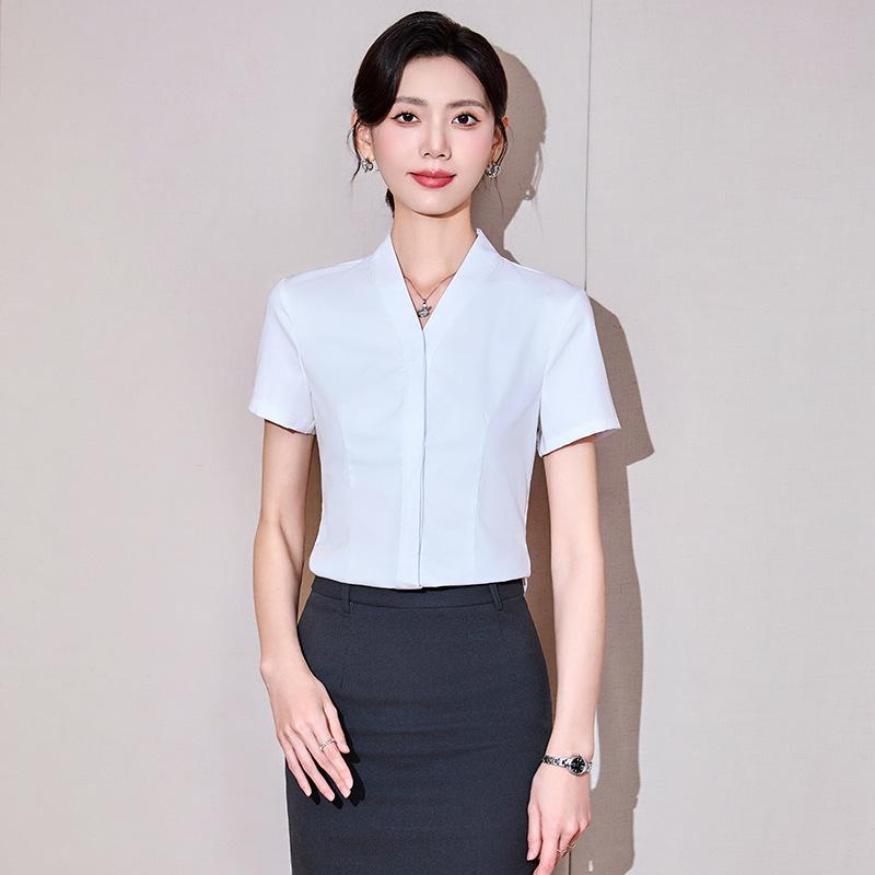 

Women s V-Neck Short-Sleeve White Chiffon Shirt - Summer Formal Base Layer 2XL