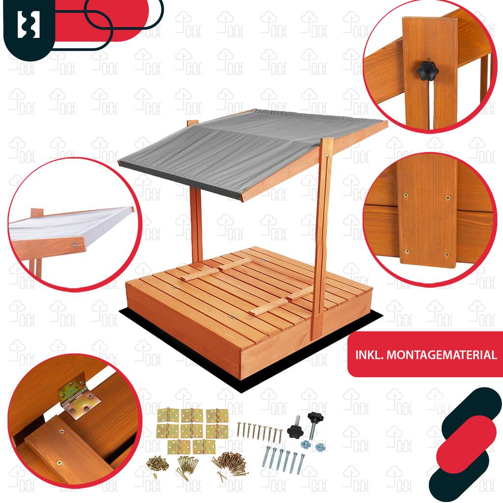 KOTARBAU® Large Wooden Sandbox with Grey Roof, Impregnated, Closed, with Benches, Brown, 100 X 100 CM