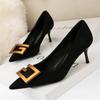 Women Fashion Metal Decoration Shallow Shoes Stiletto Heels Ladies Office Pointed Black Etiquette Single Shoes Dress Pumps Woman