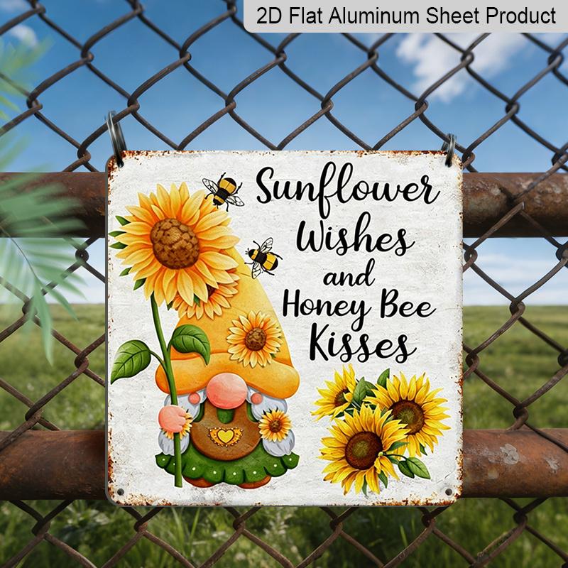 2D Flat, 1pc Vintage Aluminium Metal Sign, Outdoor Decorative Wall Sign, Retro Tin Sign Style, Kindness, Sunflower Wishes and Honey Bee Kisses 20*20cm