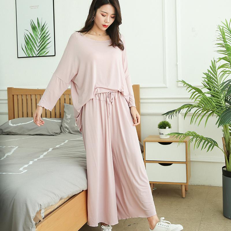 Home Suits Women Autumn New Loose Long-sleeved Pajamas Two-piece Set Nine-point Wide Leg Pants Pijama Sleepwear Femme