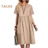 Women's Cotton Linen Summer Dress Round Neck Short Sleeve Midi Dress Loose Casual Beach Vacation Flowy Dress with Pockets