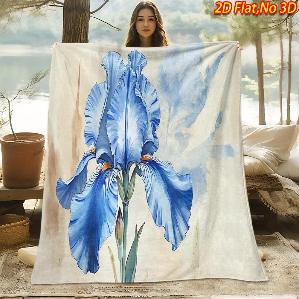 1pc 2D Flat Printing Spring And Summer New Arrival Blue Iris Flower Theme Digital Print Blanket, All-Season Use, Casual Throw, 100% Polyester Fiber So