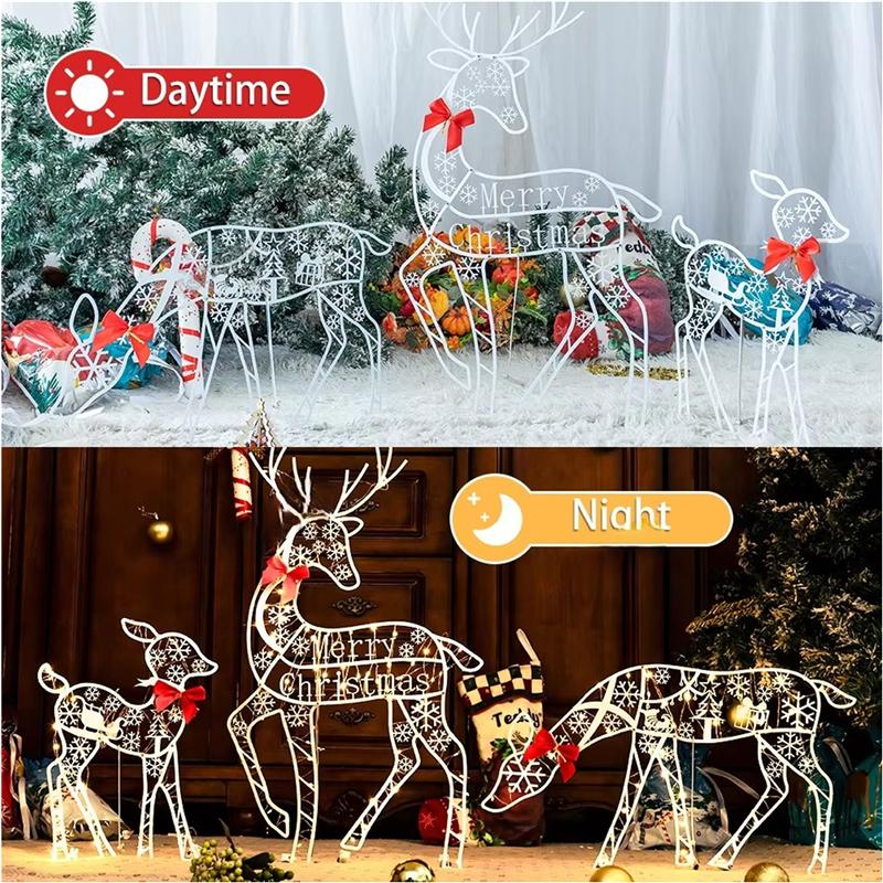 Practical-3PCS Handmade Iron Artelk Deer Christmas Garden Decor &LED Light Glowing Glitter Reindeer Xmas Home Outdoor Yard Decor