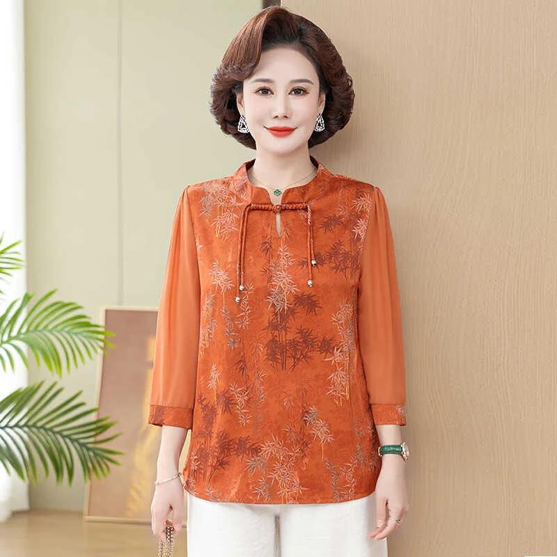Women's Spring and Summer Chinese Style Seven-minute Sleeve T-shirt Middle-aged and Elderly Simple Button Pullover Tops