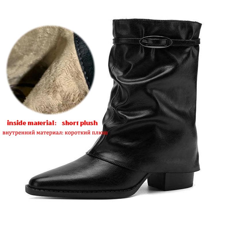 Krazing Pot Cow Skin Winter Square Toe Size 42 Square Heels Metal Buckle Women Zipper Chelsea Boots Women Pleated Decoration Ankle Boots