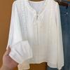 Womens White Short Sleeve Lace Trim Tie Neck Casual Blouse