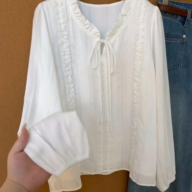 Womens White Short Sleeve Lace Trim Tie Neck Casual Blouse