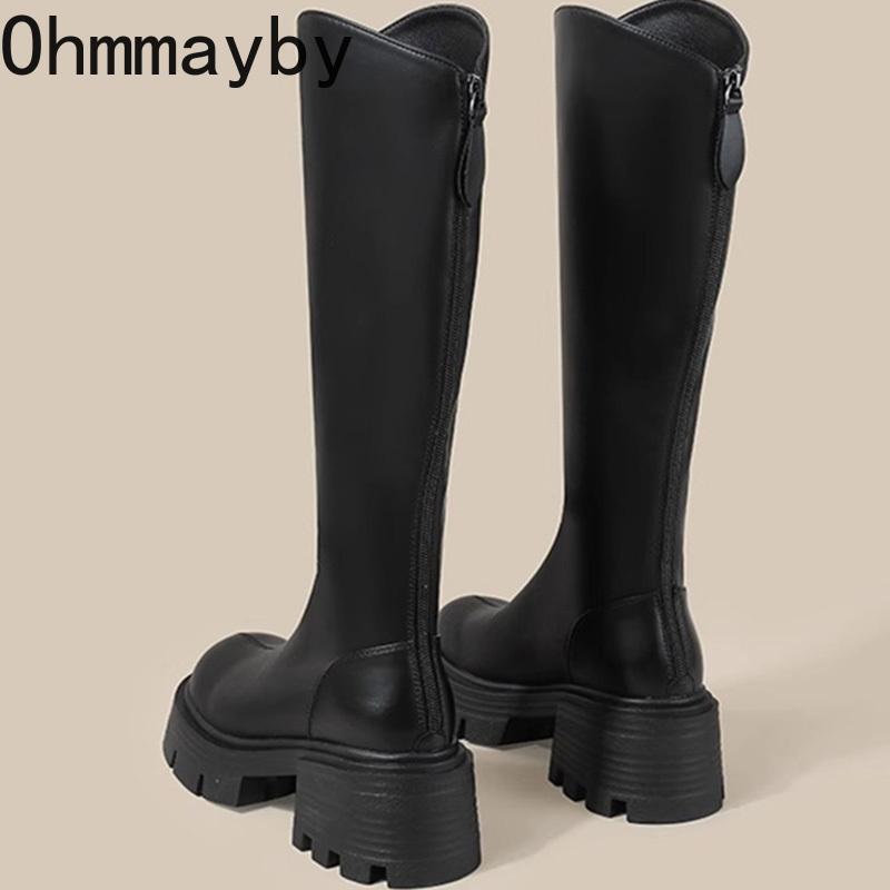 Retro Punk Women Knee High Top Fashion Platform Thick Heel Ladies Concise Knight Long Botas De Mujer