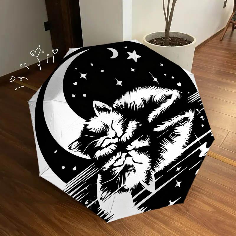 1pc cat moon Automatic Folding Umbrella, Heavy Duty 8 Rib Iron Frame,  Suitable for Travel, Daily Use, Birthday, Decor Gift  38