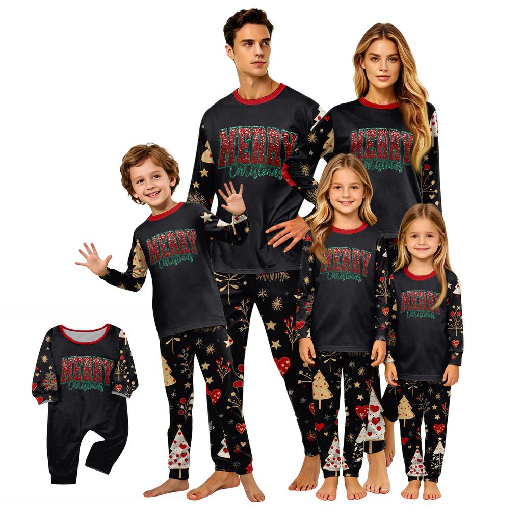 Family Matching Christmas Print Neck Long Sleeve Pajama Set with Pants