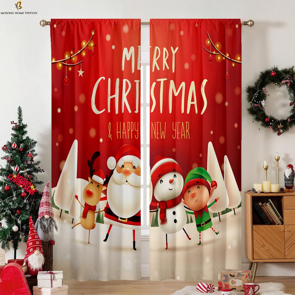 Weihnachtsmann Glocke Cartoon Gedruckte Vorhänge Polyesterfaser Kinderzimmer Restaurant Party Fensterdekoration Vorhänge 2 Stück