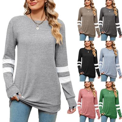 2024 European And American Autumn And Winter New Round Neck Contrasting Splicing Loose Long Sleeved T-Shirt Top For Women